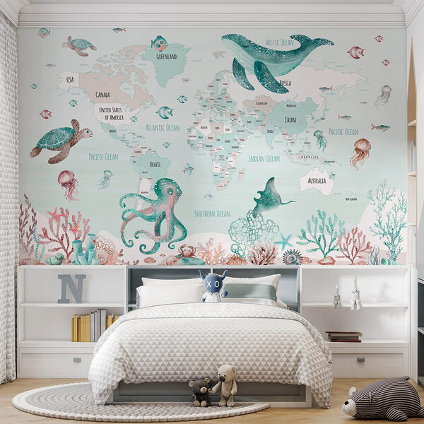 Carte du monde avec animaux marins Papier peint Carte du monde avec animaux marins