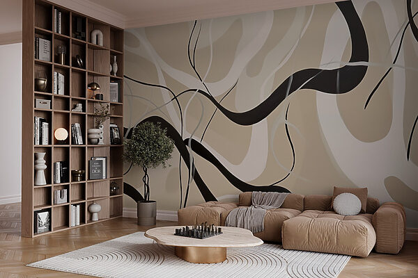 Tourbillons noirs et blancs sur fond beige Papier peint Tourbillons noirs et blancs sur fond beige