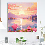 Tableaux Fleurs roses au bord d'un lac