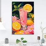 Tableaux Verre de liquide rose avec citrons et fleurs
