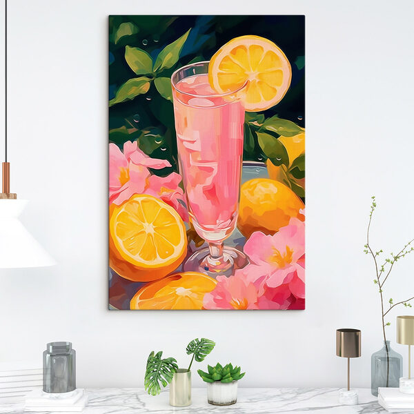 Verre de liquide rose avec citrons et fleurs Tableaux Verre de liquide rose avec citrons et fleurs