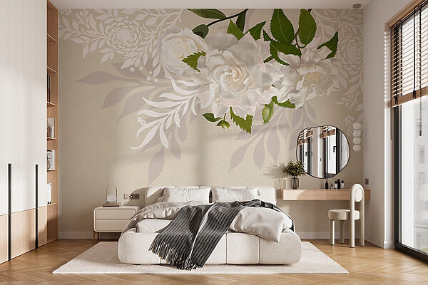 Fleurs blanches avec feuilles vertes Papier peint Fleurs blanches avec feuilles vertes