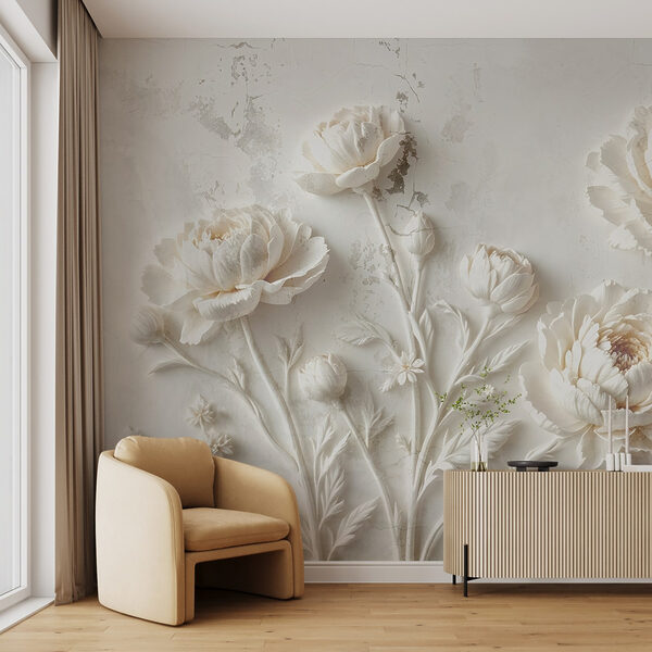 Sculpture de fleurs blanches sur un mur Papier peint Sculpture de fleurs blanches sur un mur