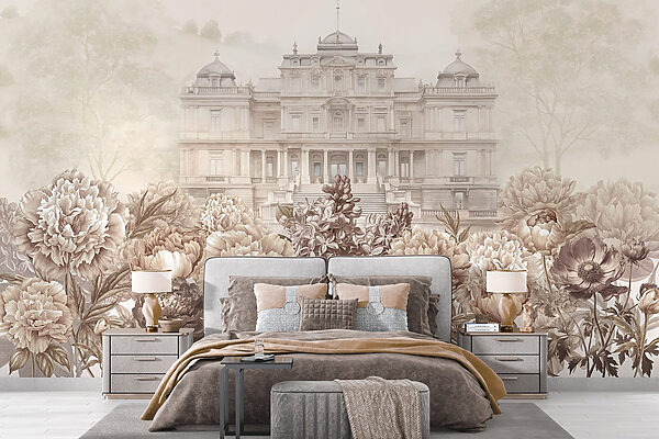 Papier peint Grand bâtiment blanc avec des fleurs