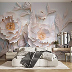 Papier peint Fleurs et feuilles blanches sur une surface blanche