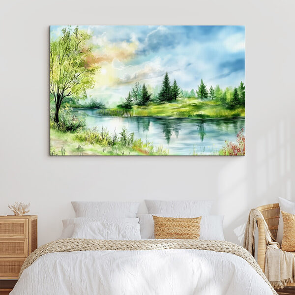 Aquarelle d'un lac avec des arbres et de l'herbe Tableaux Aquarelle d'un lac avec des arbres et de l'herbe