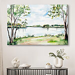 Tableaux Aquarelle d'un lac avec des arbres et de l'herbe