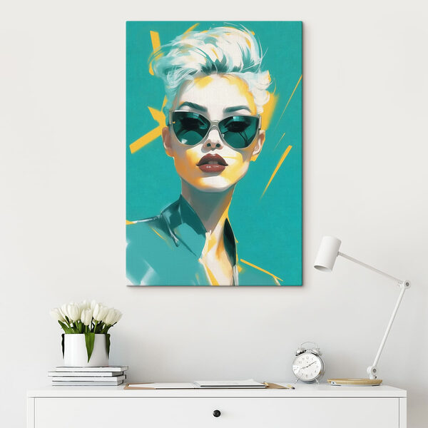 Femme portant des lunettes de soleil et une chemise verte Tableaux Femme portant des lunettes de soleil et une chemise verte