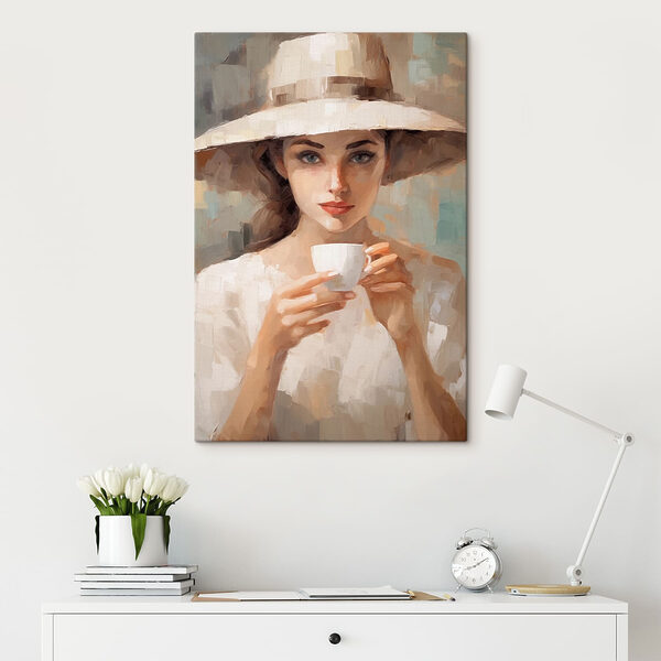 Femme portant un chapeau et tenant une tasse Tableaux Femme portant un chapeau et tenant une tasse