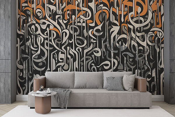 Art en noir et blanc avec des lignes orange et blanches Papier peint Art en noir et blanc avec des lignes orange et blanches