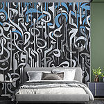 Papier peint Art en noir et blanc avec des lignes bleues et blanches