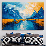 Tableaux Peinture d'une rivière avec des montagnes et de l'herbe