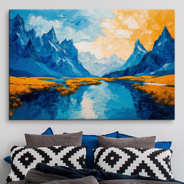 Peinture d'une rivière avec des montagnes et de l'herbe Tableaux Peinture d'une rivière avec des montagnes et de l'herbe