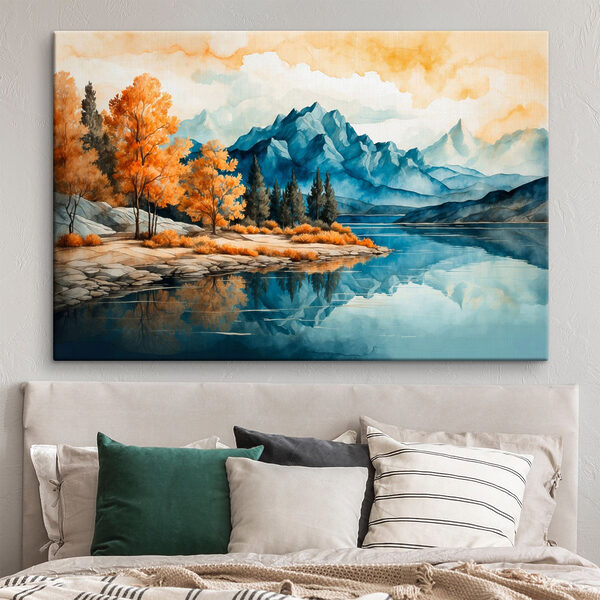 Aquarelle d'un lac avec arbres et montagnes Tableaux Aquarelle d'un lac avec arbres et montagnes