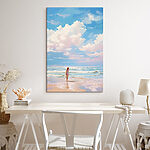 Tableaux Fille tenant une planche de surf sur une plage
