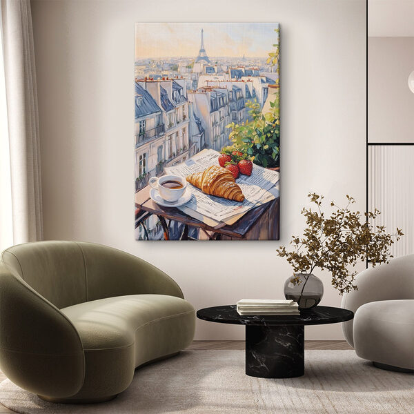 Petit déjeuner sur une table avec une tasse de café et des fraises Tableaux Petit déjeuner sur une table avec une tasse de café et des fraises
