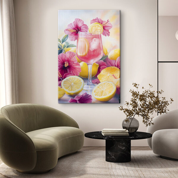 Verre de boisson rose avec citrons et fleurs Tableaux Verre de boisson rose avec citrons et fleurs