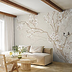 Papier peint Oiseaux perchés sur les branches fleuries
