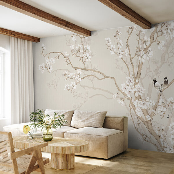 Papier peint Oiseaux perchés sur les branches fleuries