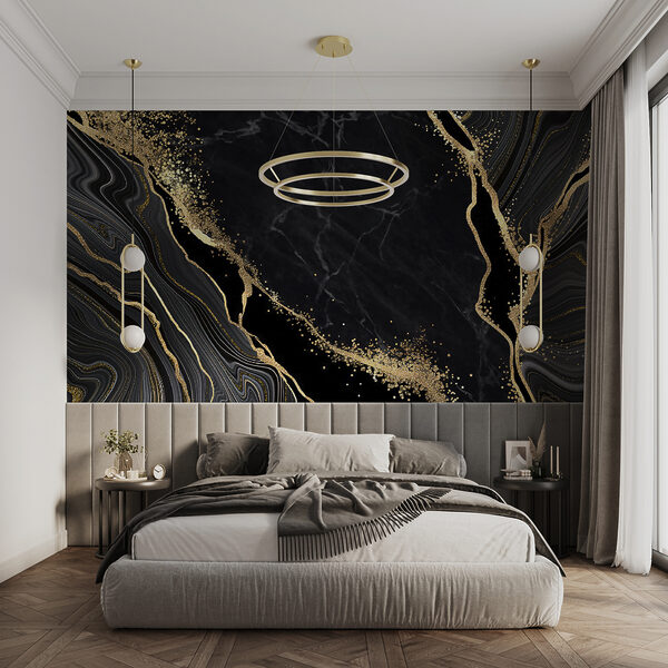 Papier peint Marbre noir avec veines blanches