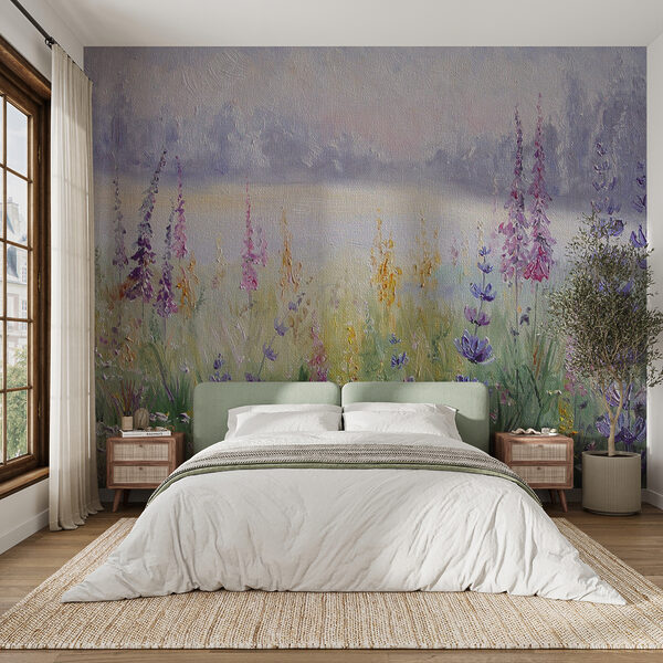 Papier peint Fleurs de lavande dans un champ coloré