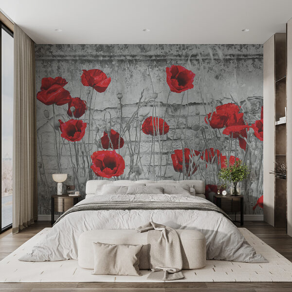 Coquelicots rouges sur un mur texturé Papier peint Coquelicots rouges sur un mur texturé