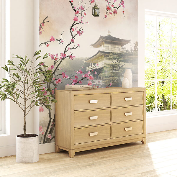 Papier peint Fleurs encadrant un temple japonais serein