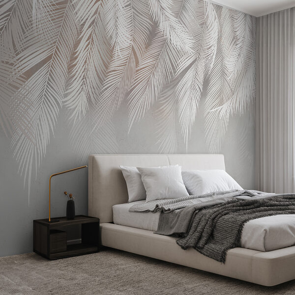 Papier peint Feuilles blanches sur une surface grise