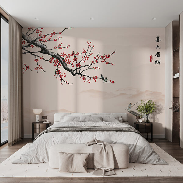 Papier peint Branche d'arbre avec des fleurs rouges (UGS : u40186) Papier peint Papier peint Branche d'arbre avec des fleurs rouges (UGS : u40186)