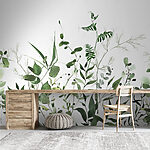 Papier peint Feuilles vertes sur fond blanc