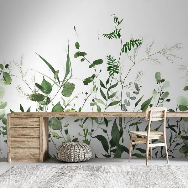 Papier peint Feuilles vertes sur fond blanc