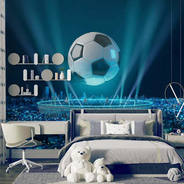 Papier peint Ballon de football flottant au-dessus d'une ville illuminée