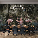 Papier peint Des flamants roses ornent un paysage de jungle luxuriante