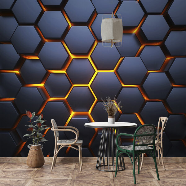 Papier peint Hexagone avec lumières orange