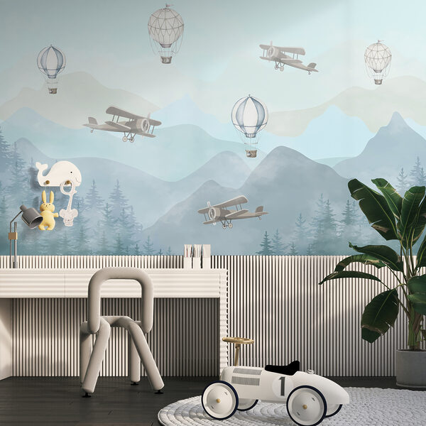 Papier peint Avions et ballons au-dessus des montagnes brumeuses