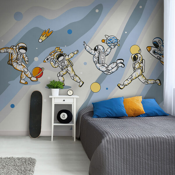 Papier peint Caricature d'un astronaute avec une fusée sur la tête