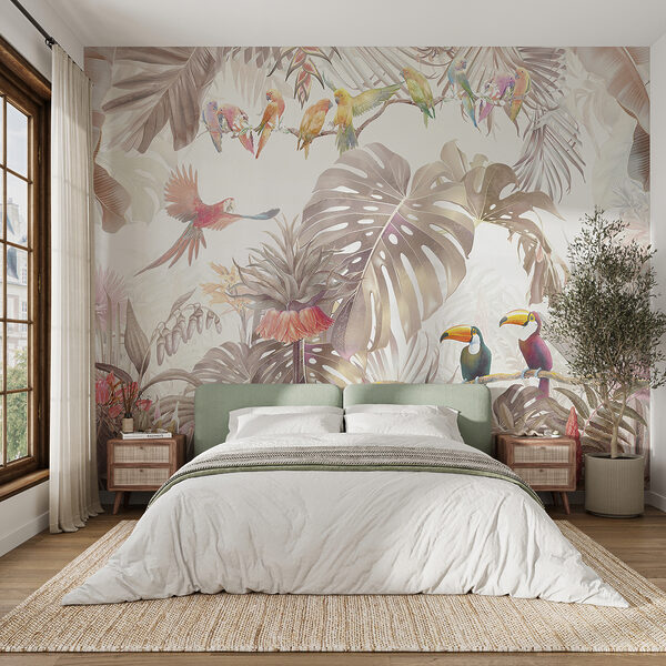 Papier peint Oiseaux tropicaux parmi un feuillage luxuriant