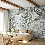Papier peint Feuilles tropicales avec des fleurs délicates