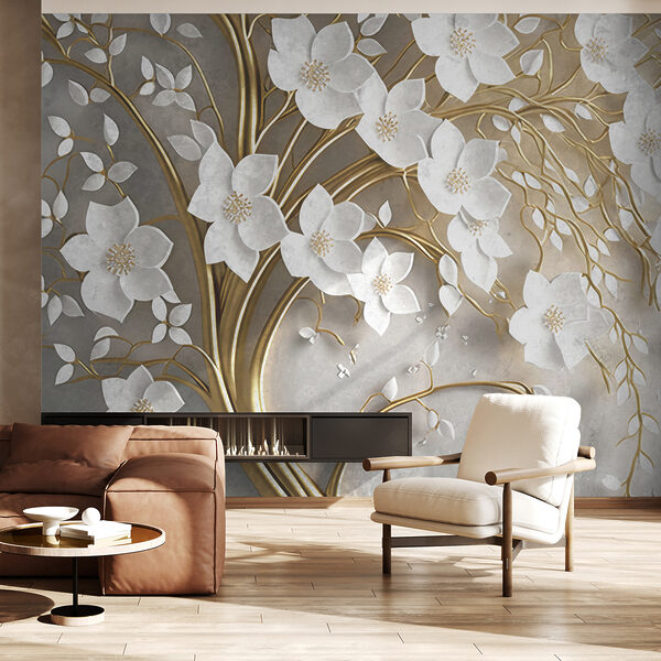 Papier peint Branches élégantes avec des fleurs blanches