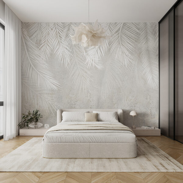 Feuilles blanches sur fond gris Papier peint Feuilles blanches sur fond gris