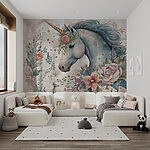 Papier peint Licorne enchanteresse ornée de fleurs