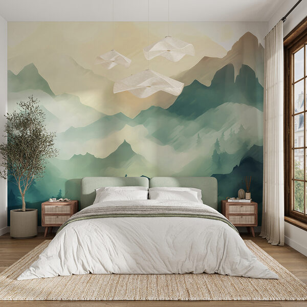 Papier peint Montagnes et arbres brumeux au lever du soleil
