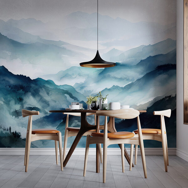 Papier peint Peinture de montagnes avec brouillard