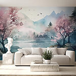 Papier peint Peinture d'un arbre avec des fleurs roses