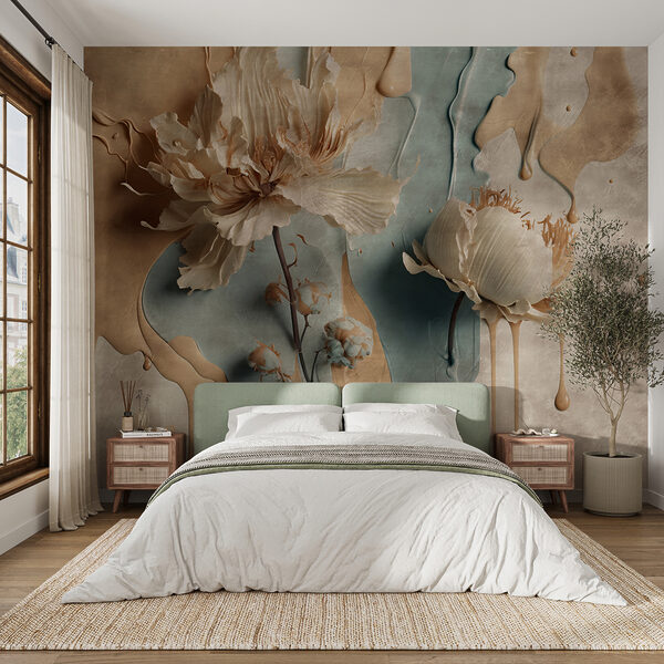Papier peint Papier peint Fleurs avec des gouttes de peinture artistique (UGS : u95662)