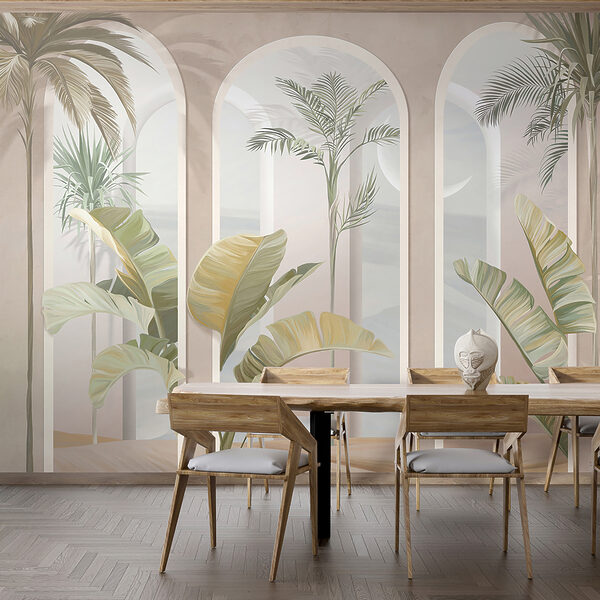 Papier peint Fenêtres cintrées avec plantes tropicales