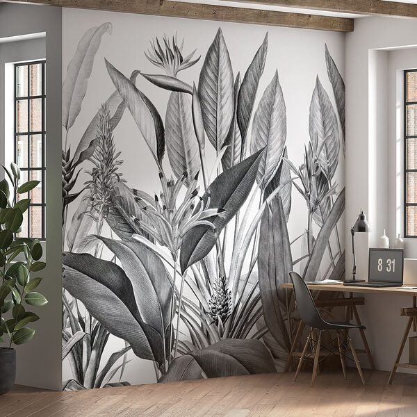 Illustration monochrome de feuilles tropicales Papier peint Illustration monochrome de feuilles tropicales