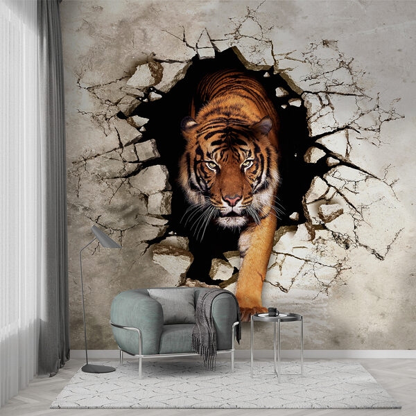 Papier peint Tigre émergeant d'un mur fissuré