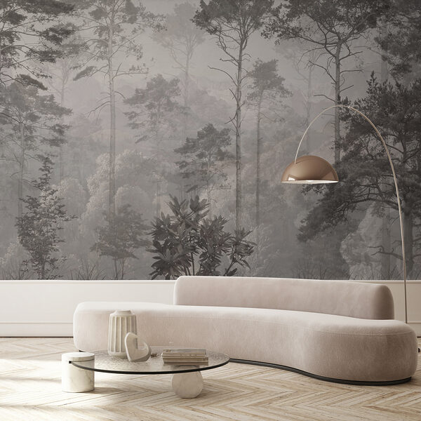 Papier peint Forêt brumeuse avec de grands arbres