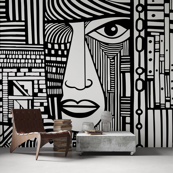 Dessin en noir et blanc d'un visage Papier peint Dessin en noir et blanc d'un visage